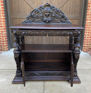 Antique French Server Sideboard Buffet Gothic Revival Oak Lions Cherubs Birds