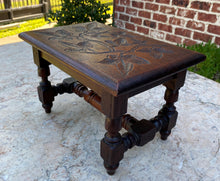 Load image into Gallery viewer, Antique English Kettle Stand Foot Stool Oak Turned Post Carved Top Leaves PETITE