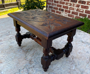 Antique English Kettle Stand Foot Stool Oak Turned Post Carved Top Leaves PETITE