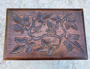 Antique English Kettle Stand Foot Stool Oak Turned Post Carved Top Leaves PETITE