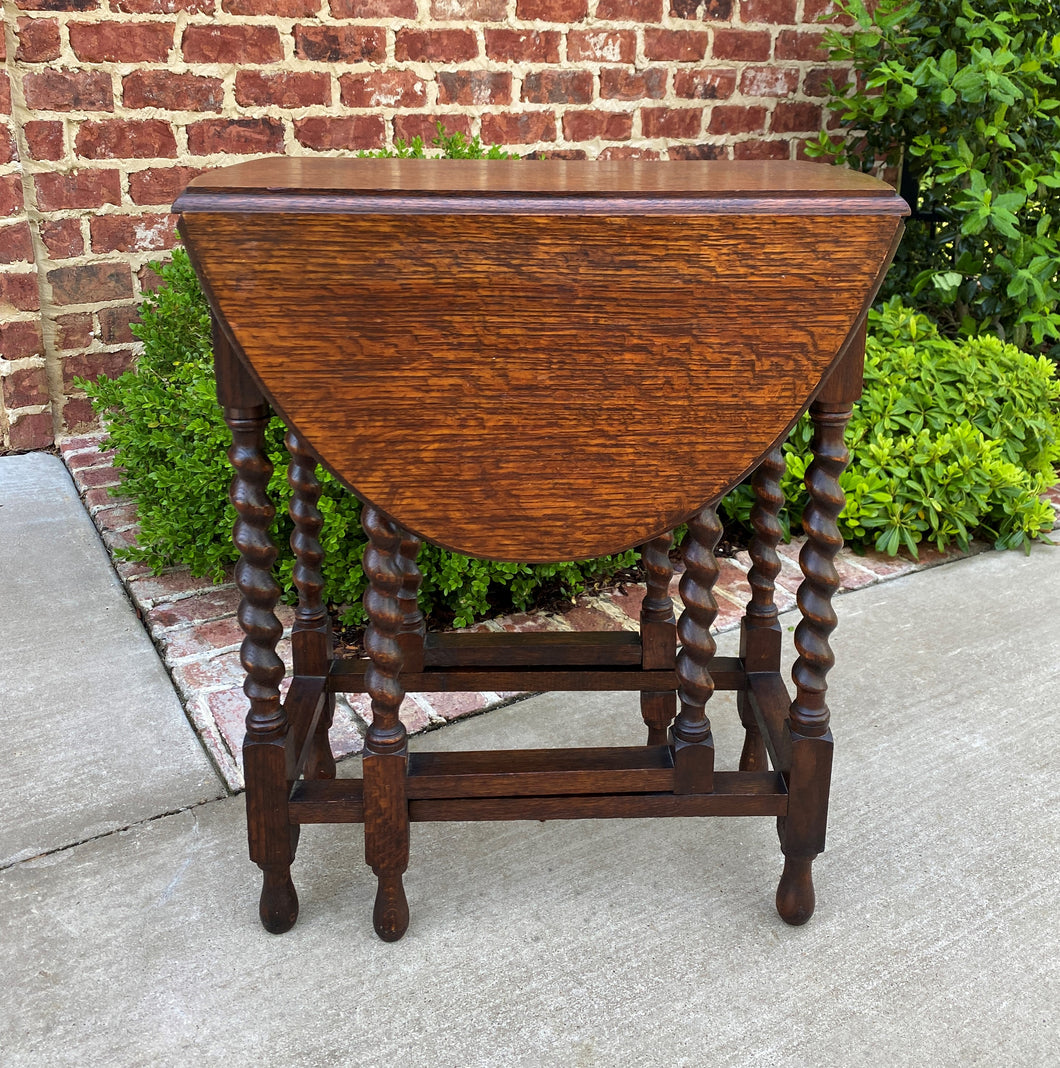 Small Antique English Oak Drop Leaf Gateleg Barley Twist Sofa Table Nightstand