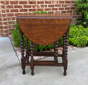 Small Antique English Oak Drop Leaf Gateleg Barley Twist Sofa Table Nightstand