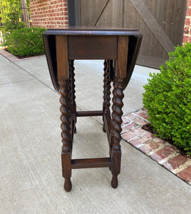 Small Antique English Oak Drop Leaf Gateleg Barley Twist Sofa Table Nightstand