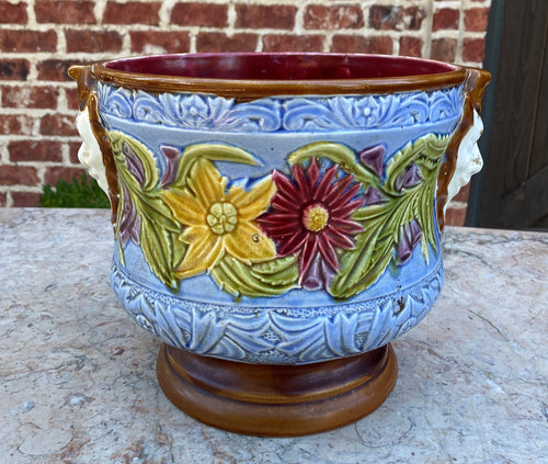 Antique English Majolica Planter Cache Pot Jardiniere Vase Blue Floral Masks