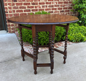 Small Antique English Oak Drop Leaf Gateleg Barley Twist Sofa Table Nightstand