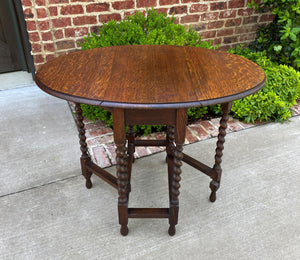 Small Antique English Oak Drop Leaf Gateleg Barley Twist Sofa Table Nightstand