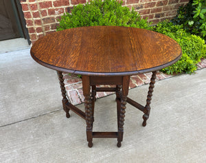 Small Antique English Oak Drop Leaf Gateleg Barley Twist Sofa Table Nightstand