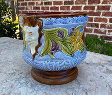 Load image into Gallery viewer, Antique English Majolica Planter Cache Pot Jardiniere Vase Blue Floral Masks