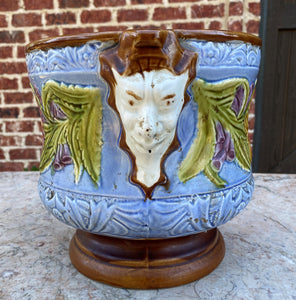 Antique English Majolica Planter Cache Pot Jardiniere Vase Blue Floral Masks