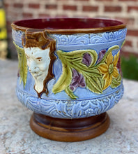 Load image into Gallery viewer, Antique English Majolica Planter Cache Pot Jardiniere Vase Blue Floral Masks