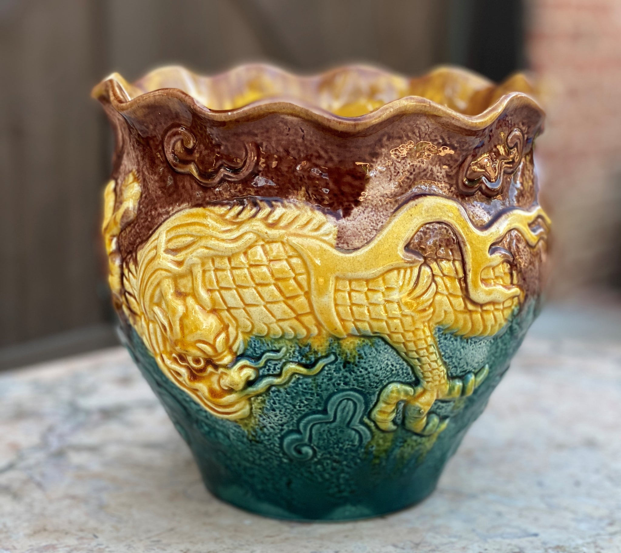 majolica planter pot Antique French Majolica Planter Cache Pot Jardiniere Brown Green Gold – europeancrossroadsantiques