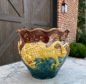 Antique French Majolica Planter Cache Pot Jardiniere Brown Green Gold Dragons