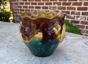 Antique French Majolica Planter Cache Pot Jardiniere Brown Green Gold Dragons