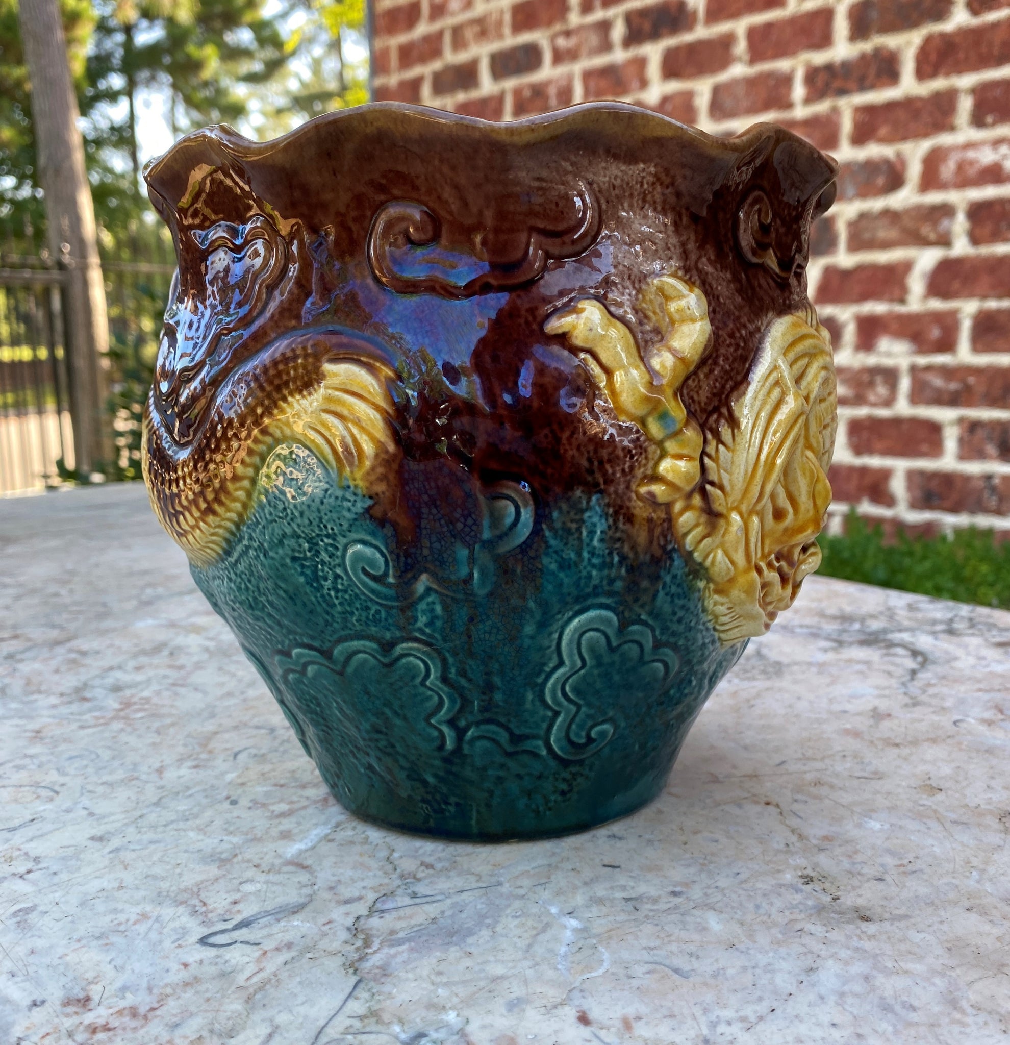 majolica planter pot Antique French Majolica Planter Cache Pot Jardiniere Brown Green Gold – europeancrossroadsantiques