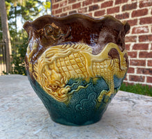 Load image into Gallery viewer, Antique French Majolica Planter Cache Pot Jardiniere Brown Green Gold Dragons