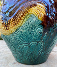 Load image into Gallery viewer, Antique French Majolica Planter Cache Pot Jardiniere Brown Green Gold Dragons