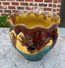 Load image into Gallery viewer, Antique French Majolica Planter Cache Pot Jardiniere Brown Green Gold Dragons