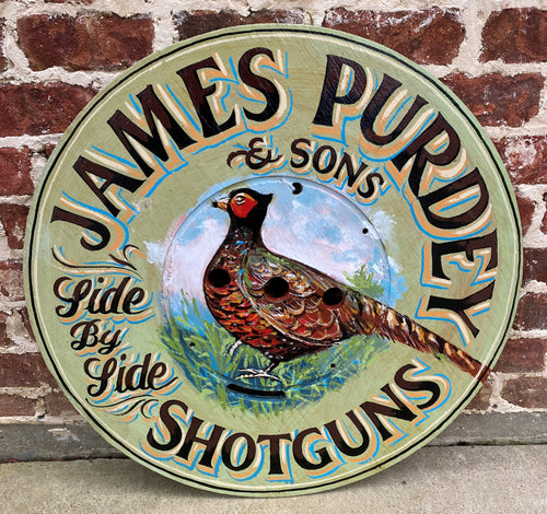English Sign Lodge Pub Painted Wooden James Purdey Shotguns Pheasant