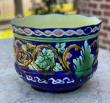 Load image into Gallery viewer, Antique French Majolica Planter Cache Pot Jardiniere Vase Bowl Blue Floral LARGE