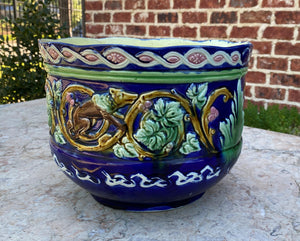 Antique French Majolica Planter Cache Pot Jardiniere Vase Bowl Blue Floral LARGE