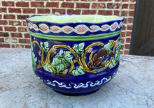 Load image into Gallery viewer, Antique French Majolica Planter Cache Pot Jardiniere Vase Bowl Blue Floral LARGE