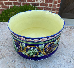 Antique French Majolica Planter Cache Pot Jardiniere Vase Bowl Blue Floral LARGE