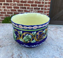 Load image into Gallery viewer, Antique French Majolica Planter Cache Pot Jardiniere Vase Bowl Blue Floral LARGE