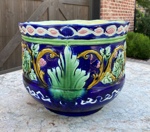 Antique French Majolica Planter Cache Pot Jardiniere Vase Bowl Blue Floral LARGE