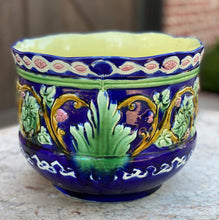 Load image into Gallery viewer, Antique French Majolica Planter Cache Pot Jardiniere Vase Bowl Blue Floral LARGE