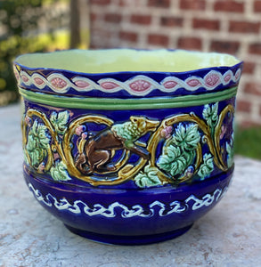 Antique French Majolica Planter Cache Pot Jardiniere Vase Bowl Blue Floral LARGE