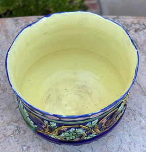Antique French Majolica Planter Cache Pot Jardiniere Vase Bowl Blue Floral LARGE