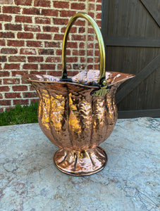 Antique English Planter Basket Hammered Copper w Brass Handle Coal Hod Hearth