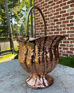 Antique English Planter Basket Hammered Copper w Brass Handle Coal Hod Hearth