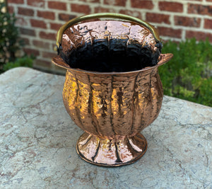 Antique English Planter Basket Hammered Copper w Brass Handle Coal Hod Hearth