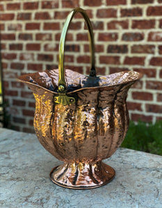 Antique English Planter Basket Hammered Copper w Brass Handle Coal Hod Hearth