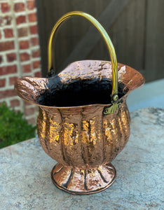 Antique English Planter Basket Hammered Copper w Brass Handle Coal Hod Hearth