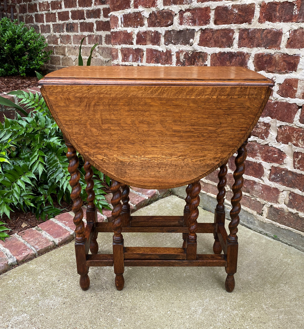 Antique English Drop Leaf Gateleg Barley Twist Nightstand Oval Honey Oak c.1920s