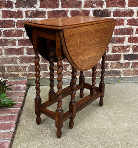 Antique English Drop Leaf Gateleg Barley Twist Nightstand Oval Honey Oak c.1920s