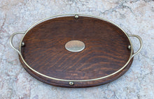 Load image into Gallery viewer, Antique English Oak and Silver Serving Tray Platter OVAL Trophy Tray