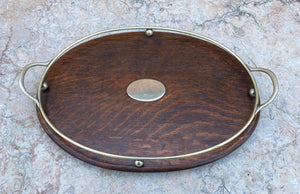 Antique English Oak and Silver Serving Tray Platter OVAL Trophy Tray