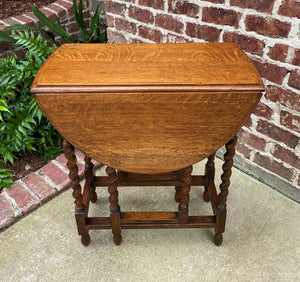 Antique English Drop Leaf Gateleg Barley Twist Nightstand Oval Honey Oak c.1920s