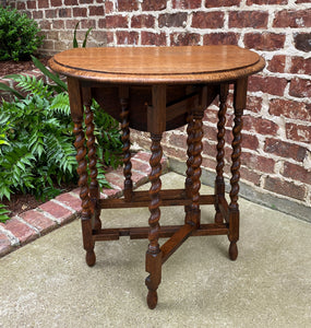 Antique English Drop Leaf Gateleg Barley Twist Nightstand Oval Honey Oak c.1920s