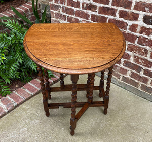 Antique English Drop Leaf Gateleg Barley Twist Nightstand Oval Honey Oak c.1920s