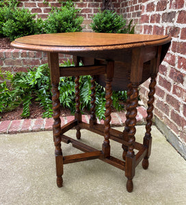 Antique English Drop Leaf Gateleg Barley Twist Nightstand Oval Honey Oak c.1920s