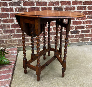 Antique English Drop Leaf Gateleg Barley Twist Nightstand Oval Honey Oak c.1920s