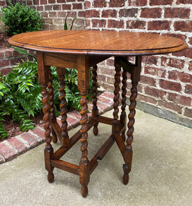 Antique English Drop Leaf Gateleg Barley Twist Nightstand Oval Honey Oak c.1920s