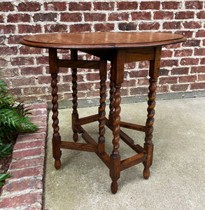 Antique English Drop Leaf Gateleg Barley Twist Nightstand Oval Honey Oak c.1920s