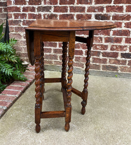 Antique English Drop Leaf Gateleg Barley Twist Nightstand Oval Honey Oak c.1920s