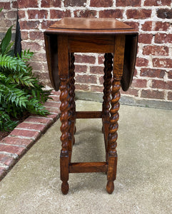 Antique English Drop Leaf Gateleg Barley Twist Nightstand Oval Honey Oak c.1920s