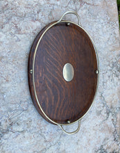 Load image into Gallery viewer, Antique English Oak and Silver Serving Tray Platter OVAL Trophy Tray